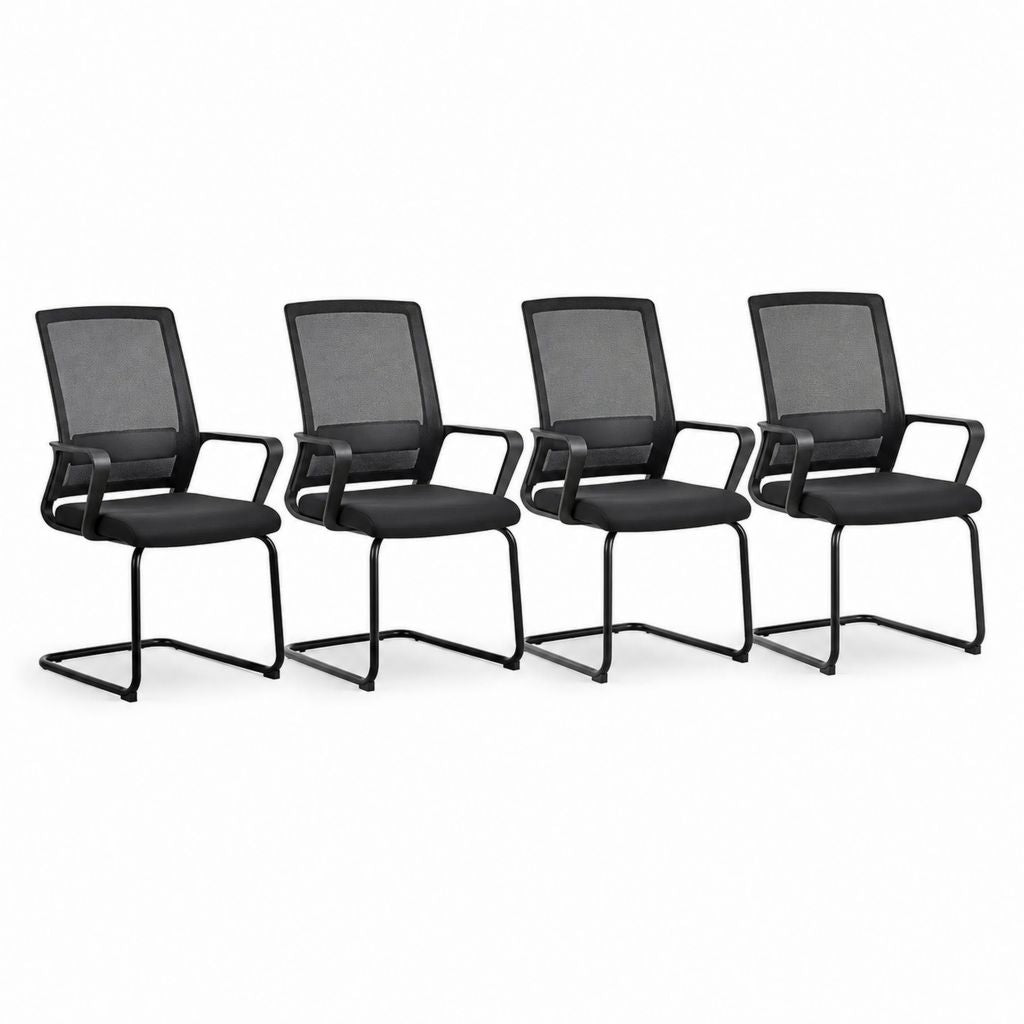 Set 4 sedie da conferenza nere con schienale in rete di poliestere e struttura a slitta in acciaio 55 x 60 x 90 cm