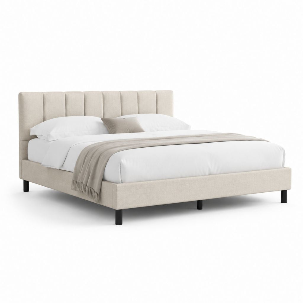 Letto matrimoniale imbottito beige in poliestere con testiera alta 160 x 200 cm