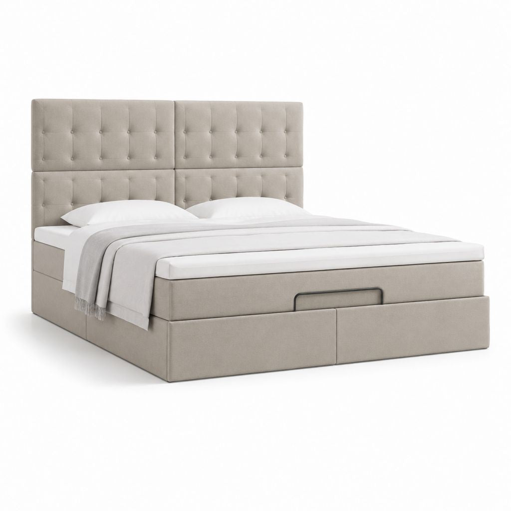 Letto contenitore matrimoniale beige in poliestere con testiera imbottita 180 x 220 x 120 cm
