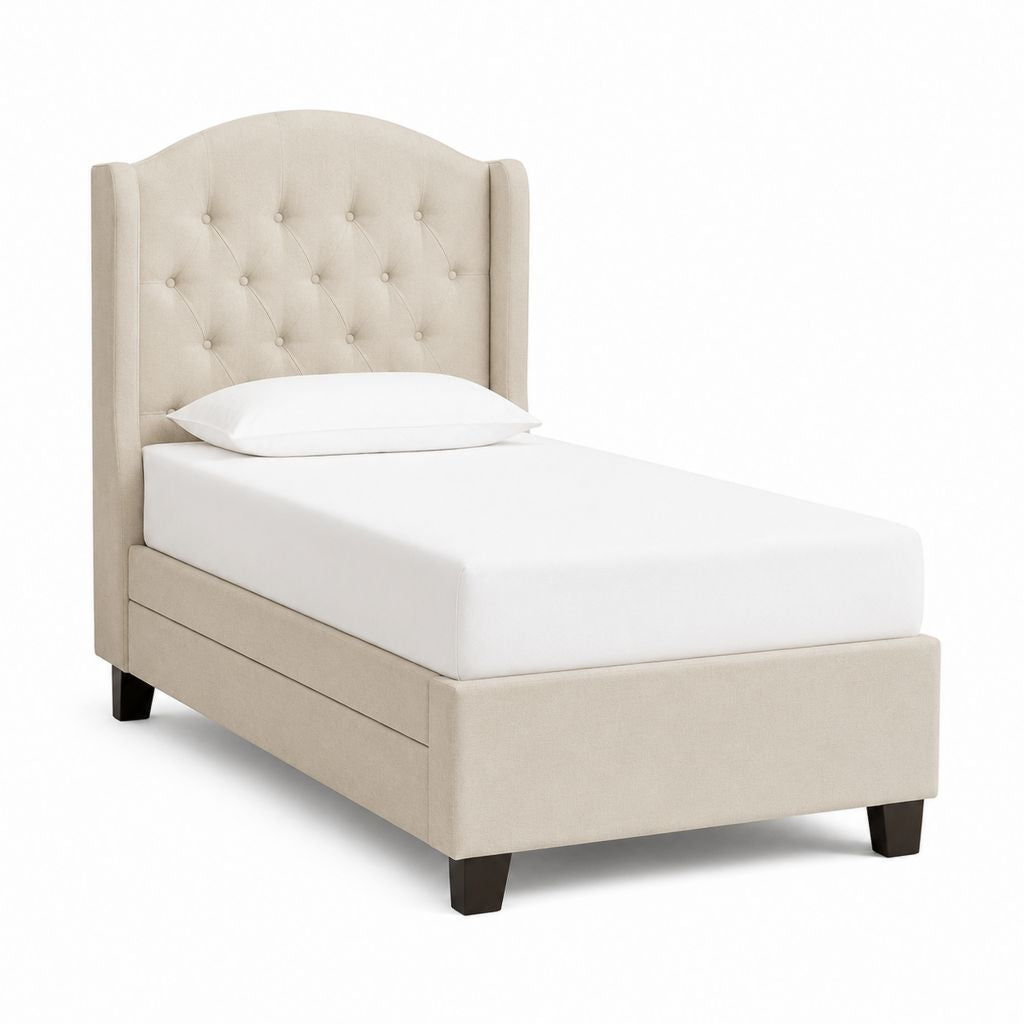 Letto singolo imbottito beige in poliestere con testiera capitonné 90 x 190 cm