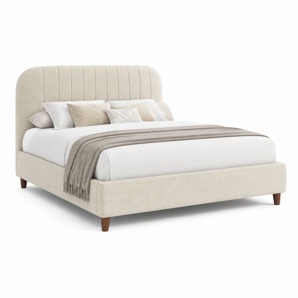 Letto matrimoniale imbottito beige in poliestere con testiera alta 175 x 215 x 110 cm