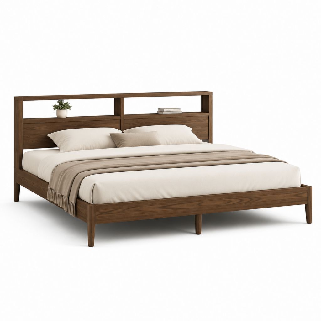 Letto matrimoniale con testiera a mensola noce in legno massello 170 x 218 x 120 cm per materasso 160 x 200 cm