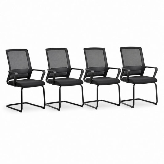 Set 4 sedie da conferenza nere con schienale in rete di poliestere e struttura a slitta in acciaio 55 x 60 x 90 cm
