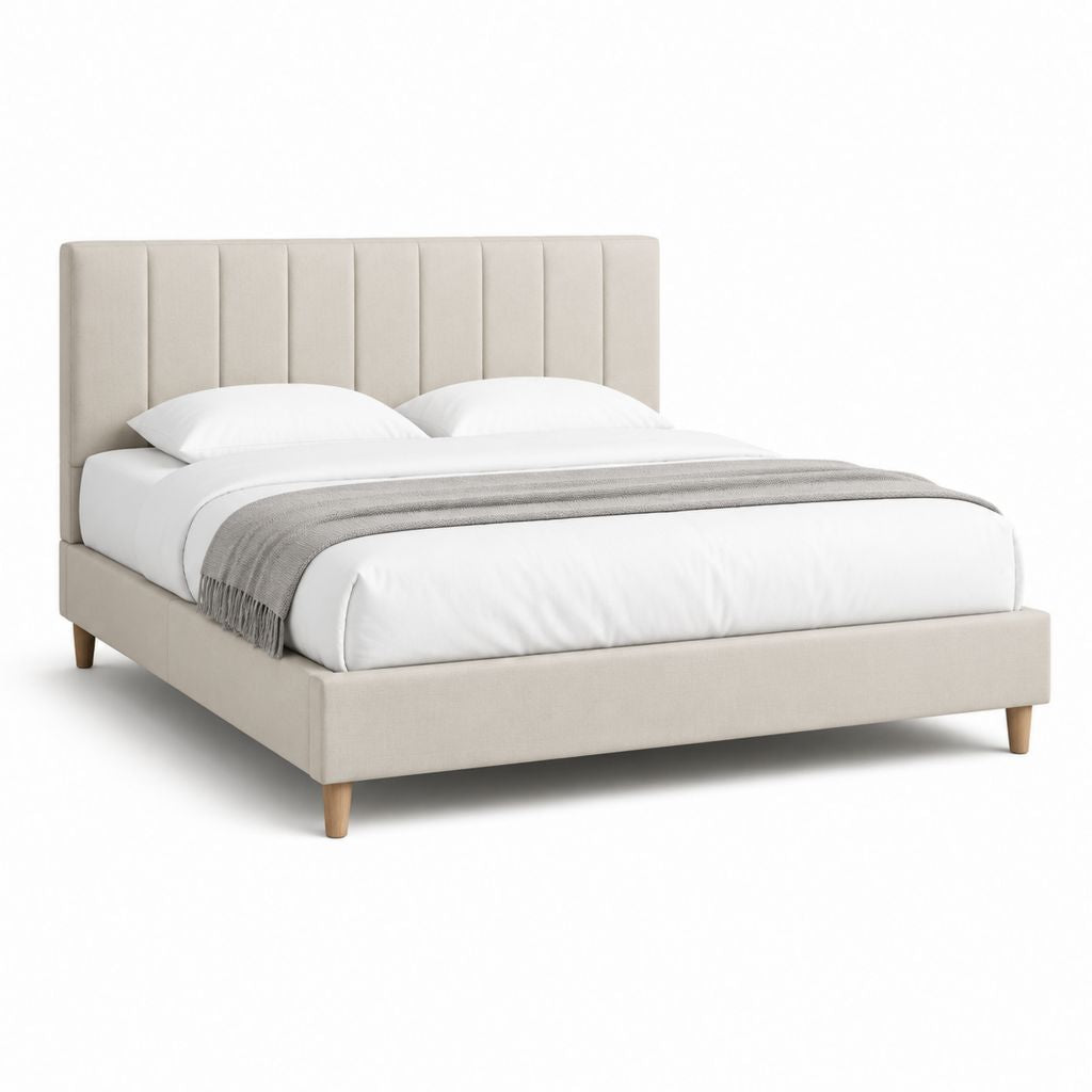 Letto matrimoniale imbottito beige in poliestere con testiera verticale 160 x 200 cm