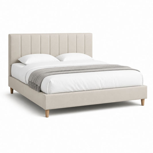 Letto matrimoniale imbottito beige in poliestere con testiera verticale 160 x 200 cm