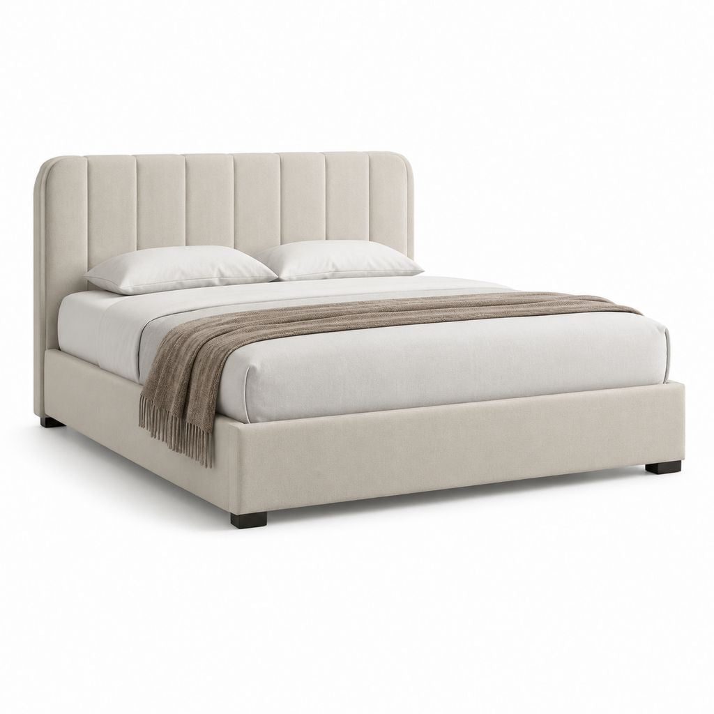 Letto matrimoniale imbottito beige in poliestere con testiera a pannelli verticali 160 x 200 cm