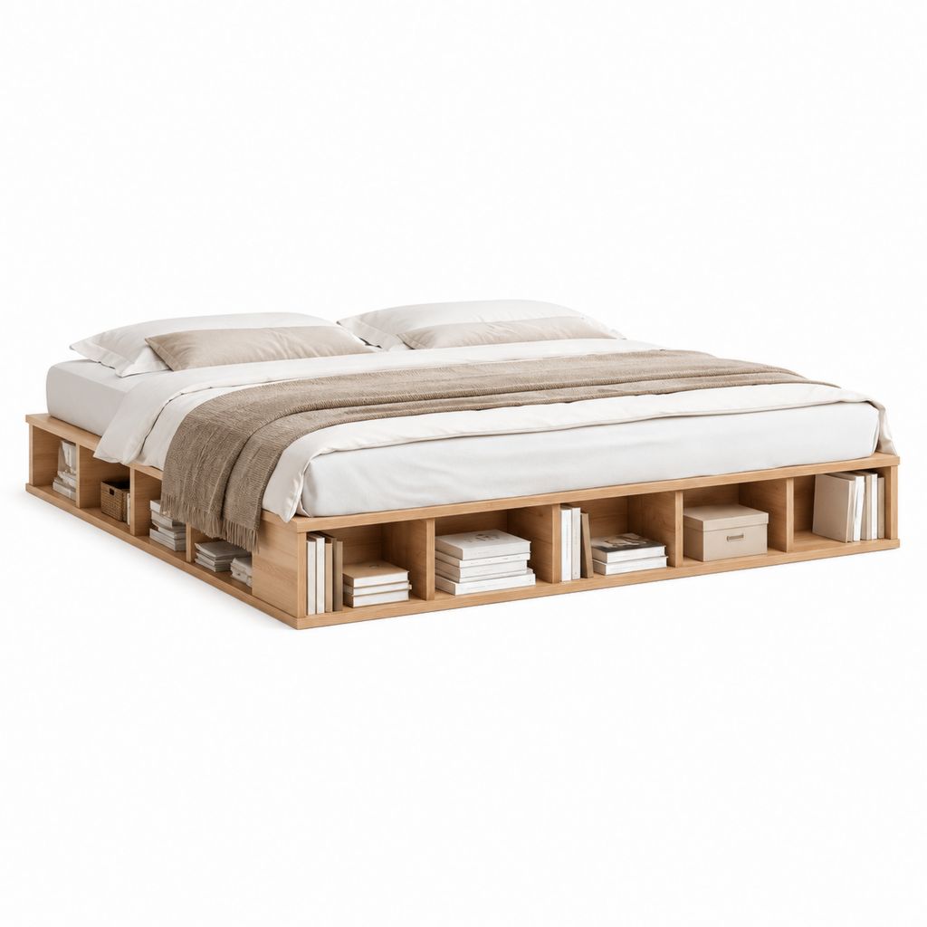 Letto matrimoniale con vani a giorno naturale in MDF impiallacciato rovere rettangolare per materasso 160 x 200 cm