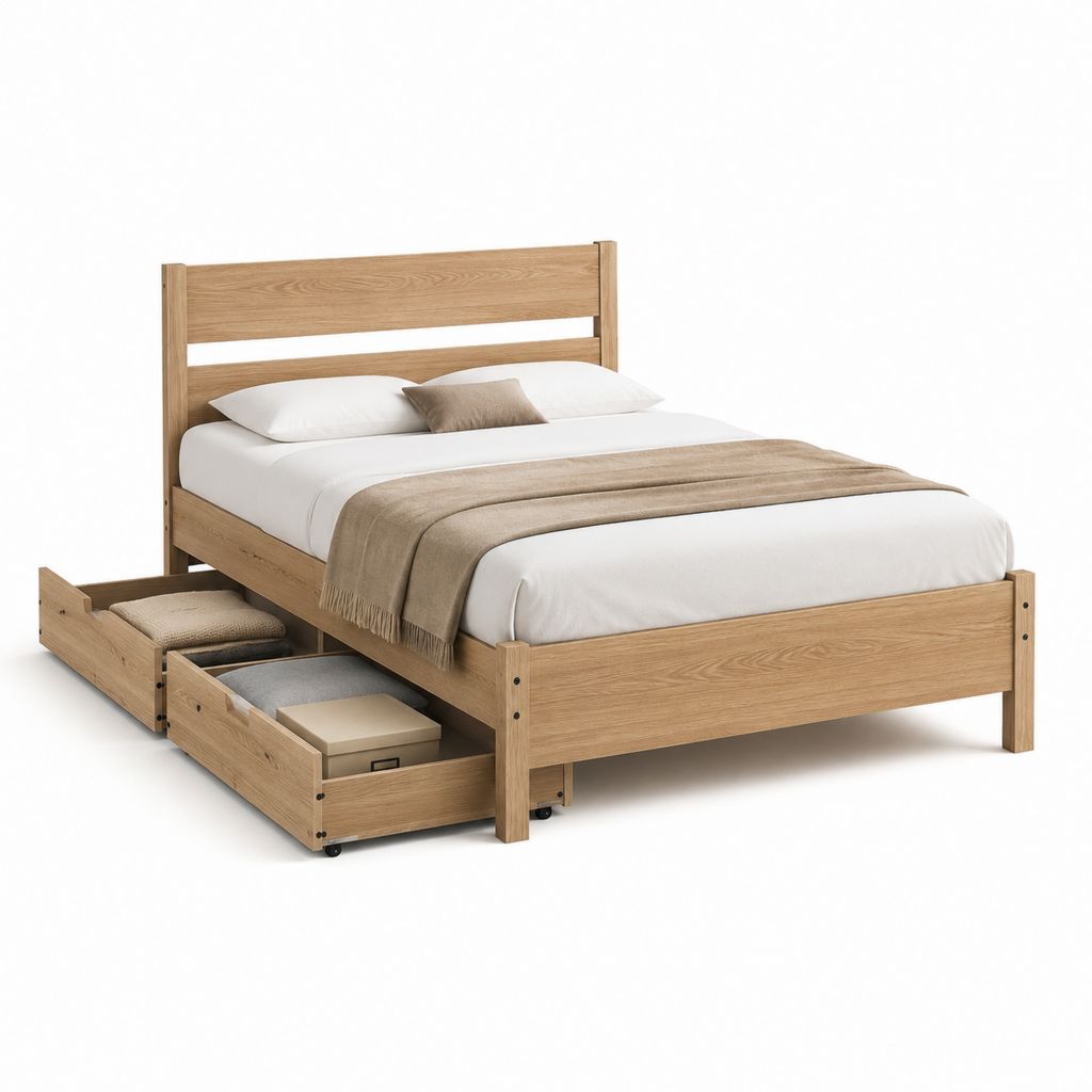 Letto matrimoniale in rovere naturale con 2 cassetti estraibili 160 x 200 cm