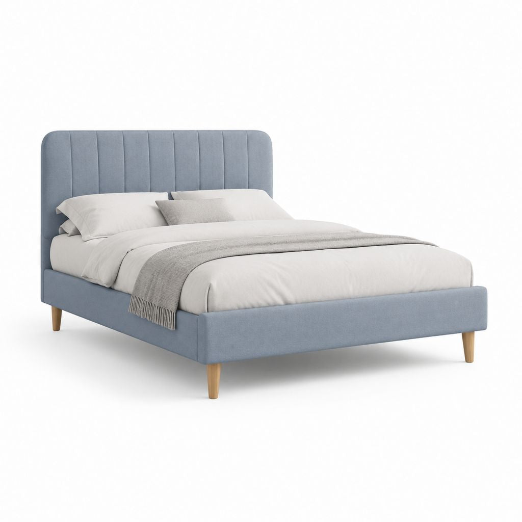 Letto matrimoniale imbottito azzurro in poliestere 160 x 200 cm con testiera alta e rete a doghe