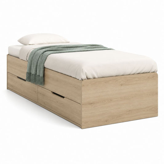 Letto singolo con 3 cassetti rovere chiaro in pannelli di particelle rettangolare 90 x 200 cm