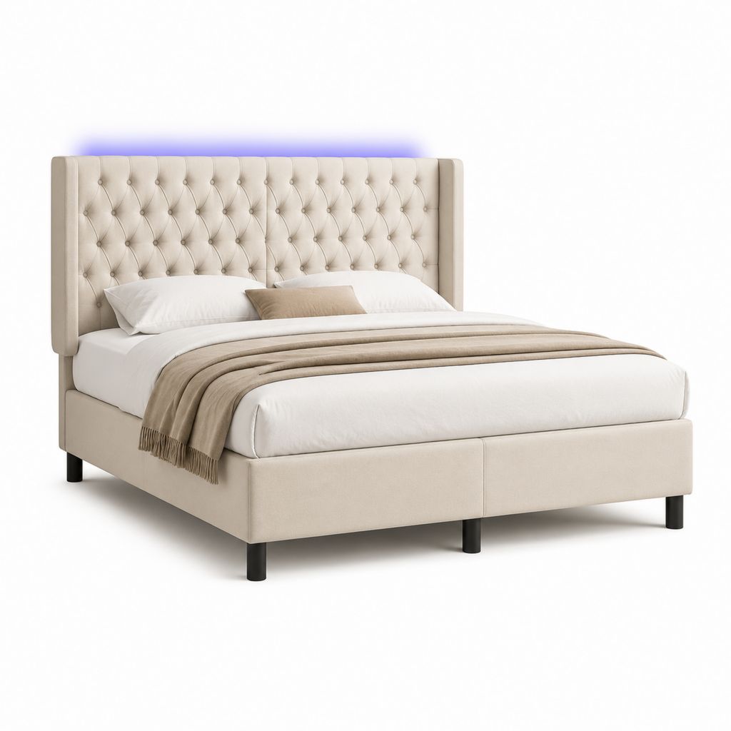 Letto matrimoniale imbottito beige in poliestere con testiera capitonné rettangolare 160 x 200 cm