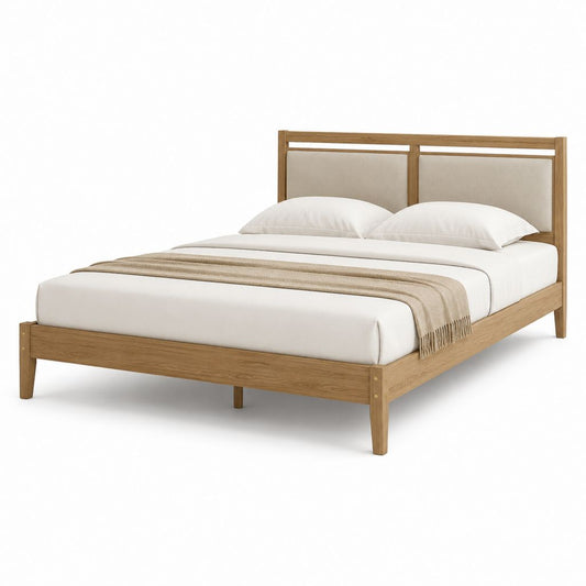 Letto matrimoniale con struttura in legno massello naturale e testiera imbottita beige 160 x 200 cm
