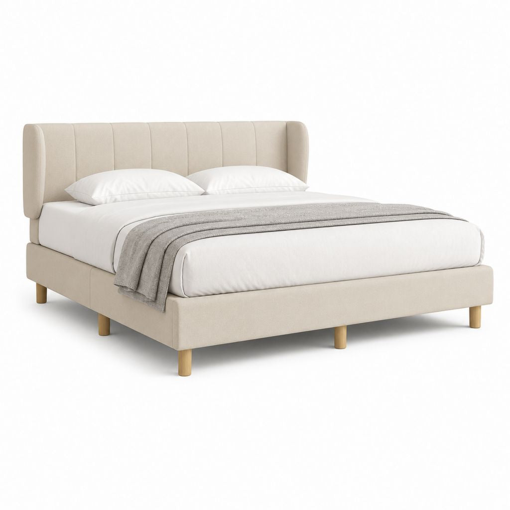 Letto matrimoniale imbottito beige in poliestere 160 x 200 cm con testiera curva