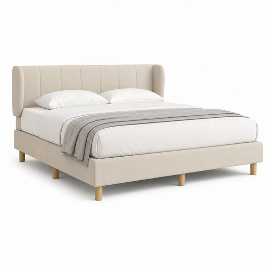 Letto matrimoniale imbottito beige in poliestere 160 x 200 cm con testiera curva