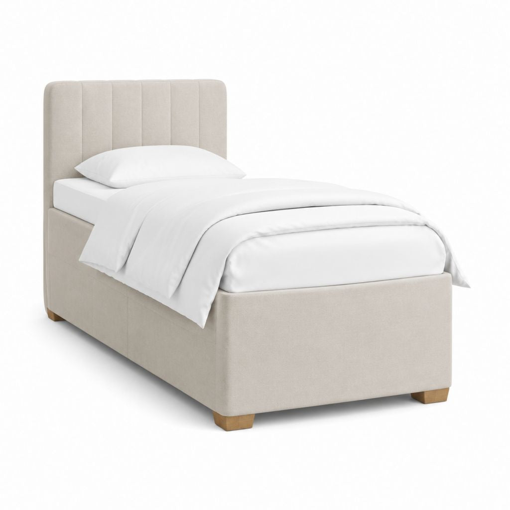 Letto singolo imbottito beige in poliestere con testiera verticale 90 x 190 cm