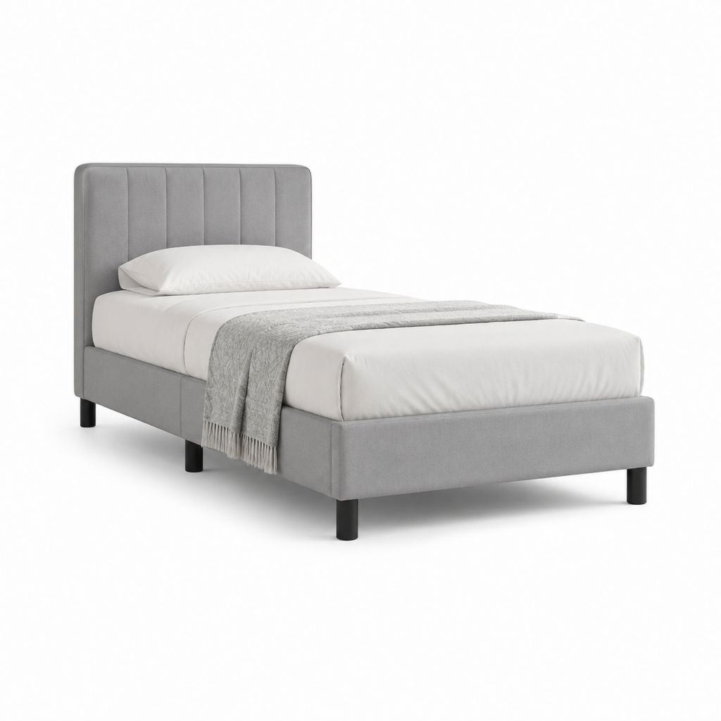 Letto singolo imbottito grigio in poliestere con testiera 90 x 190 cm
