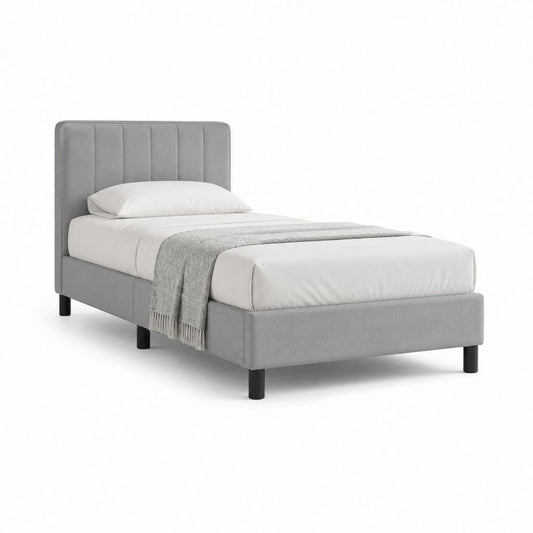 Letto singolo imbottito grigio in poliestere con testiera 90 x 190 cm