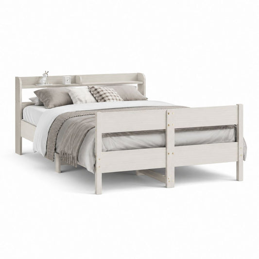 Letto matrimoniale rettangolare in massello di pino bianco decapato con testiera a mensola 160 x 200 cm