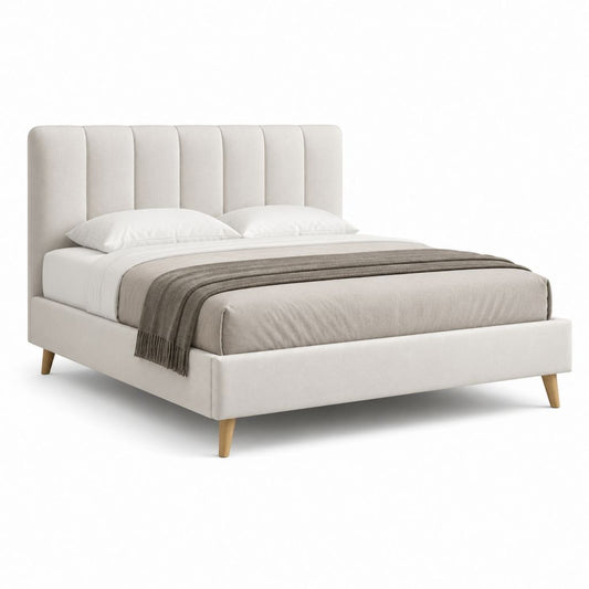 Letto matrimoniale imbottito beige in poliestere con testiera verticale 160 x 200 cm